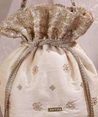 Beige woven silk satin potli bag 4