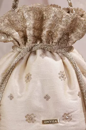 Beige woven silk satin potli bag