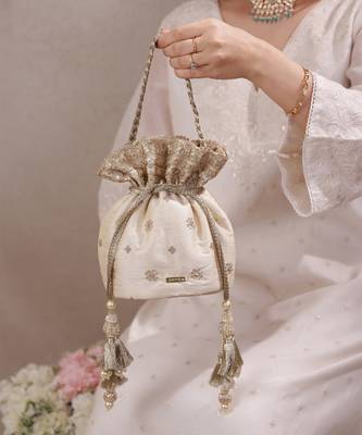 Beige woven silk satin potli bag 5