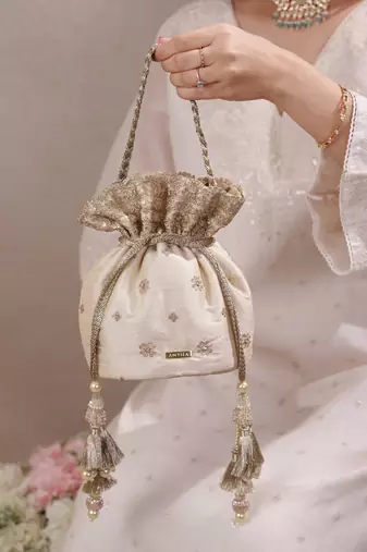 Beige woven silk satin potli bag