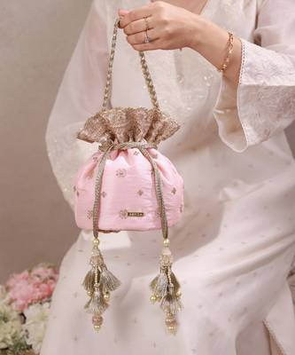 Peach pink woven silk satin potli bag 1