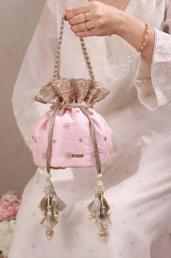 Peach pink woven silk satin potli bag