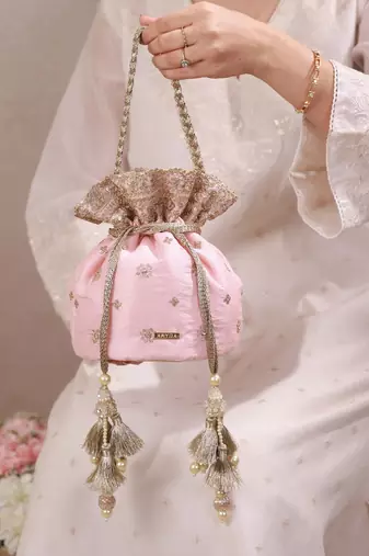 Peach pink woven silk satin potli bag