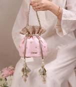Peach pink woven silk satin potli bag