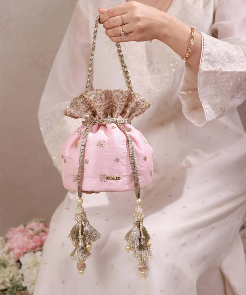 Peach pink woven silk satin potli bag