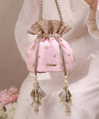 Peach pink woven silk satin potli bag 2