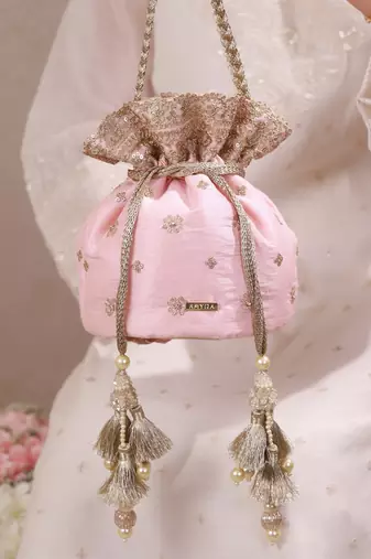 Peach pink woven silk satin potli bag
