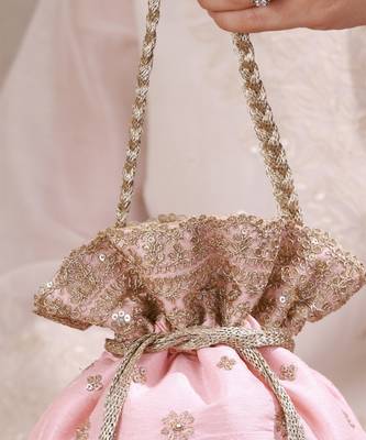 Peach pink woven silk satin potli bag 3