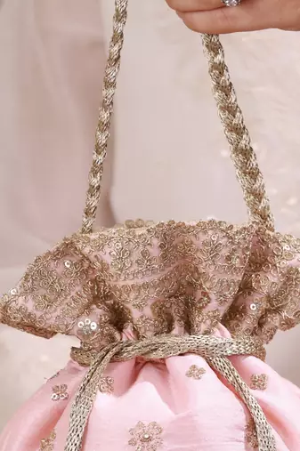 Peach pink woven silk satin potli bag