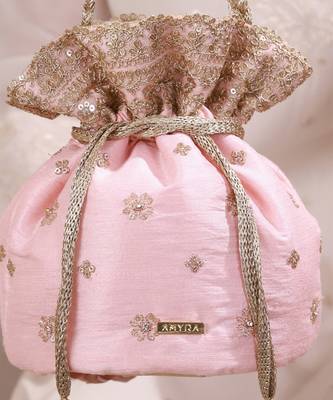 Peach pink woven silk satin potli bag 4