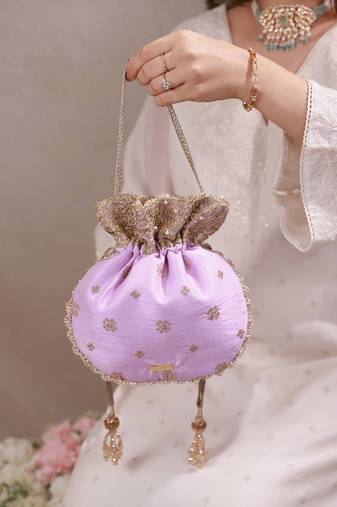 Lilac woven silk satin potli bag