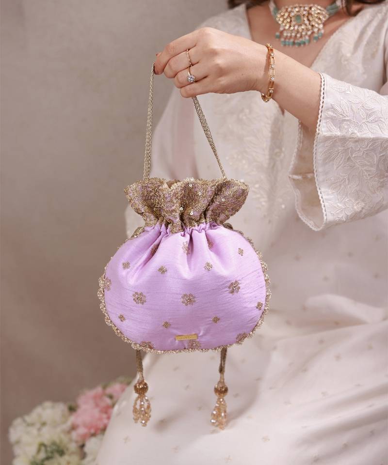Lilac woven silk satin potli bag