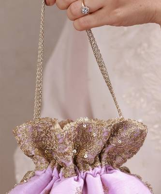 Lilac woven silk satin potli bag 4