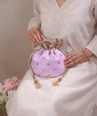 Lilac woven silk satin potli bag 5