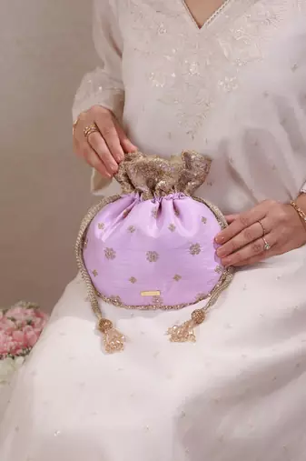 Lilac woven silk satin potli bag