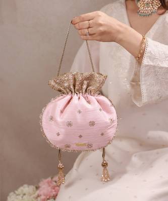 Peach pink woven silk satin potli bag 1