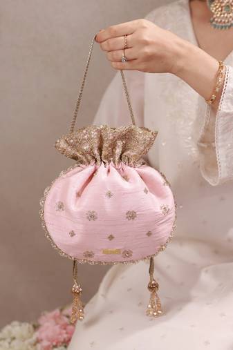 Peach pink woven silk satin potli bag