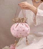 Peach pink woven silk satin potli bag