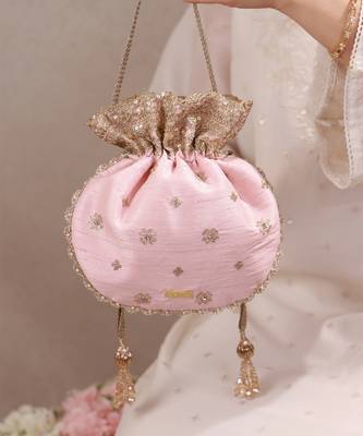 Peach pink woven silk satin potli bag 2