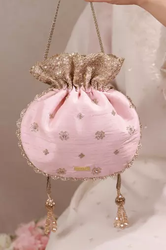 Peach pink woven silk satin potli bag