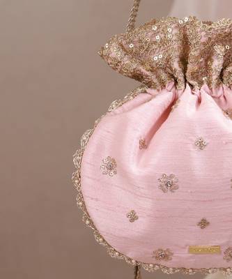 Peach pink woven silk satin potli bag 3