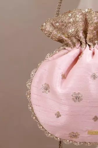 Peach pink woven silk satin potli bag