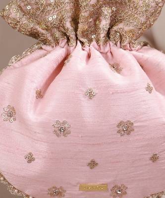 Peach pink woven silk satin potli bag 4