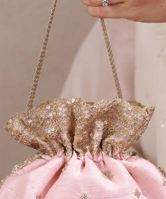 Peach pink woven silk satin potli bag 5