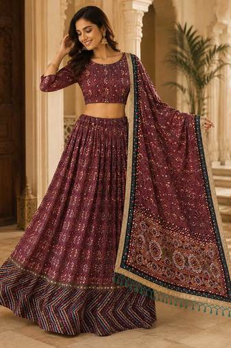 Maroon Cotton Navratri Lehenga Choli With Dupatta