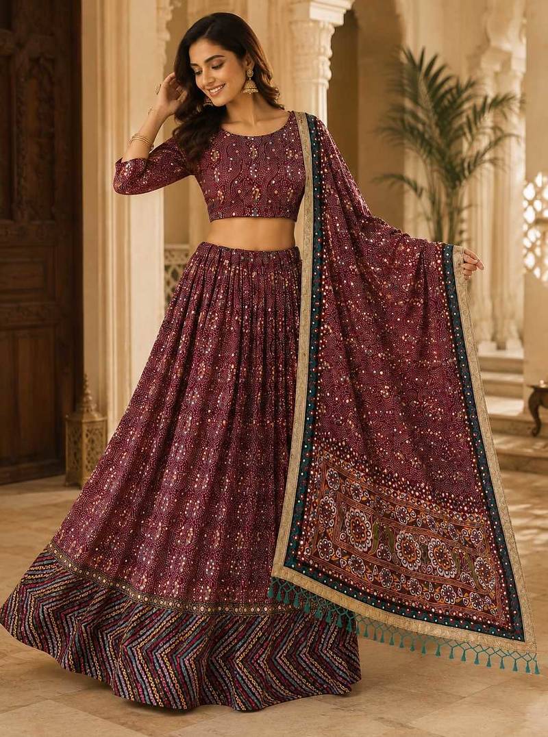 Maroon Cotton Navratri Lehenga Choli With Dupatta