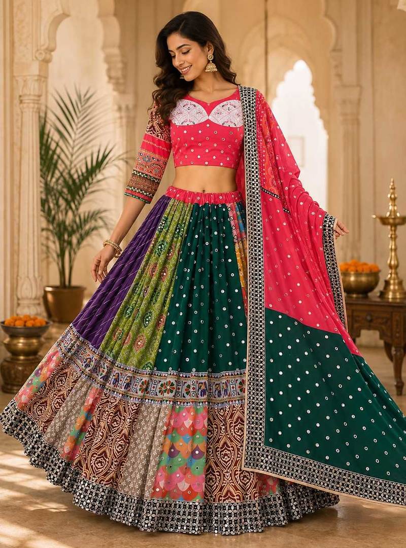 Multicolour Print Navratri Lehenga Choli With Dupatta