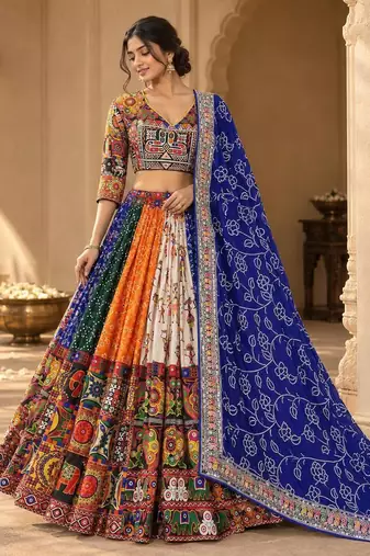 Multicolour Silk Navratri Lehnega Choli With Dupatta