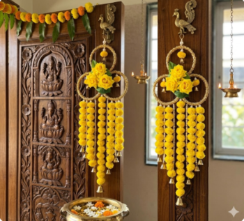 handmade yellow pompom floral ring hanging toran with bellsfestive hanging for home decor (pack of 2) 1