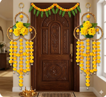 handmade yellow pompom floral ring hanging toran with bellsfestive hanging for home decor (pack of 2) 2
