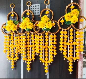 handmade yellow pompom floral ring hanging toran with bellsfestive hanging for home decor (pack of 2) 3