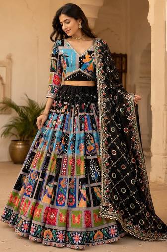 Black Thread Navratri Lehenga Choli With Dupatta