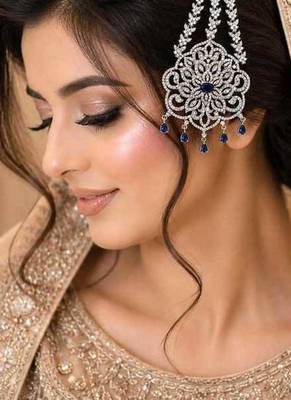 Silver Bridal Jhumar Passa, Sapphire Blue CZ Diamond Headpiece 1