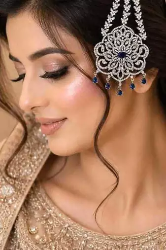 Silver Bridal Jhumar Passa, Sapphire Blue CZ Diamond Headpiece