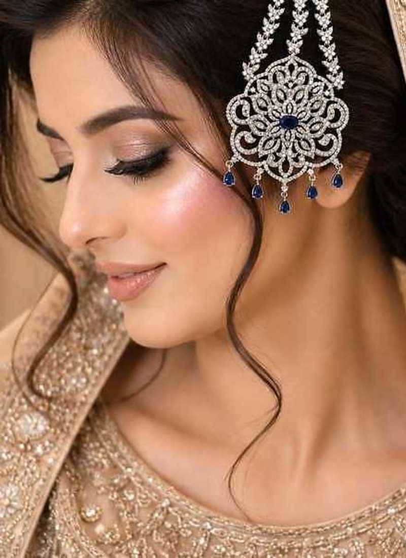 Silver Bridal Jhumar Passa, Sapphire Blue CZ Diamond Headpiece