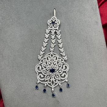 Silver Bridal Jhumar Passa, Sapphire Blue CZ Diamond Headpiece 2