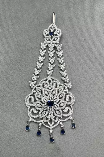 Silver Bridal Jhumar Passa, Sapphire Blue CZ Diamond Headpiece