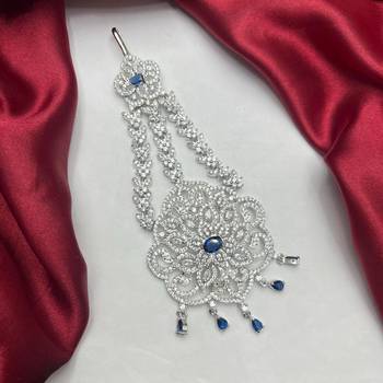 Silver Bridal Jhumar Passa, Sapphire Blue CZ Diamond Headpiece 3