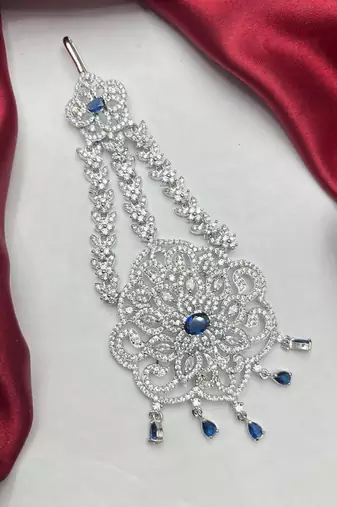Silver Bridal Jhumar Passa, Sapphire Blue CZ Diamond Headpiece
