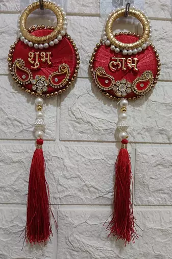 handmade shubh labh red tassel door hanging pearl beads home decor (pack of 2)