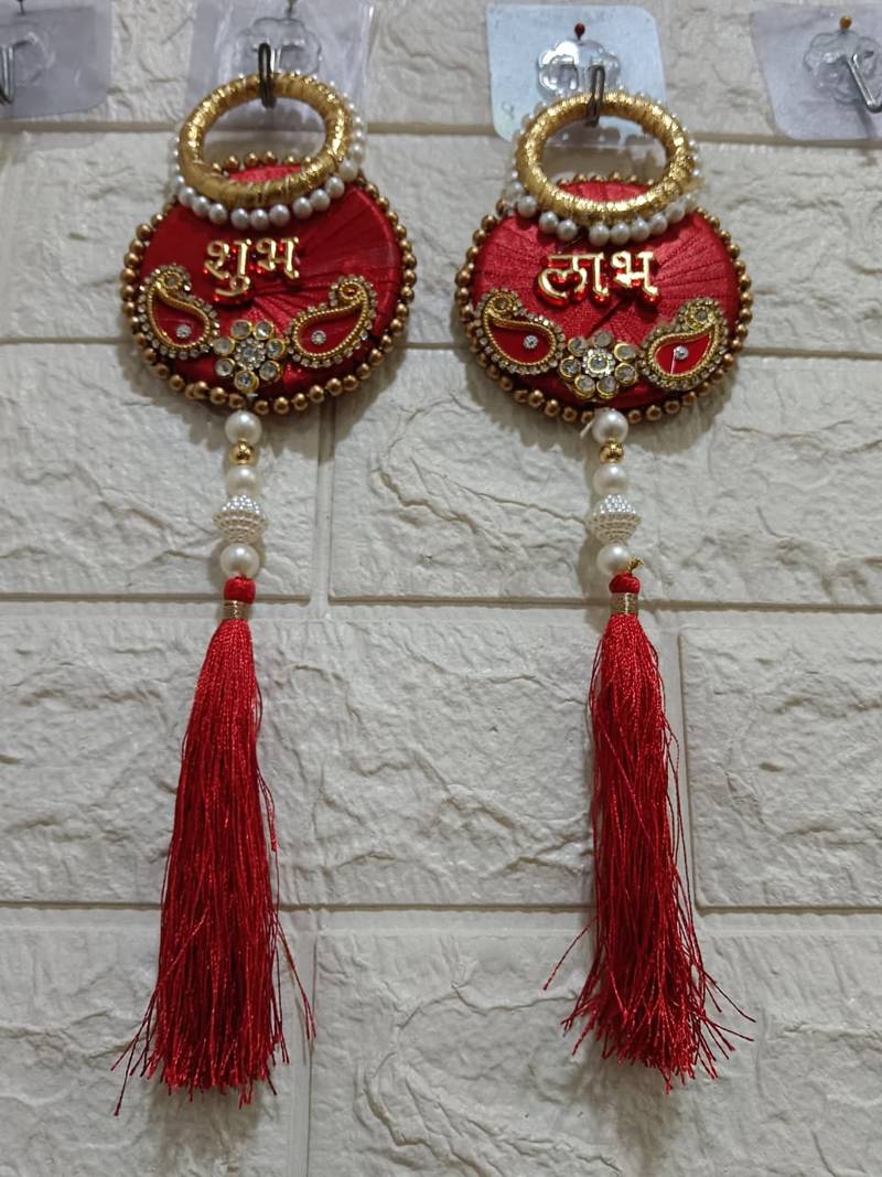 handmade shubh labh red tassel door hanging pearl beads home decor (pack of 2)