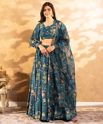 Floral Printed Layered Lehenga Set with Crop Top & Dupatta 1