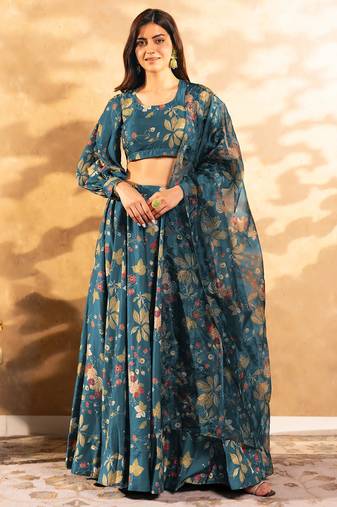 Floral Printed Layered Lehenga Set with Crop Top & Dupatta