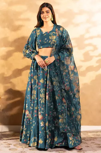 Floral Printed Layered Lehenga Set with Crop Top & Dupatta
