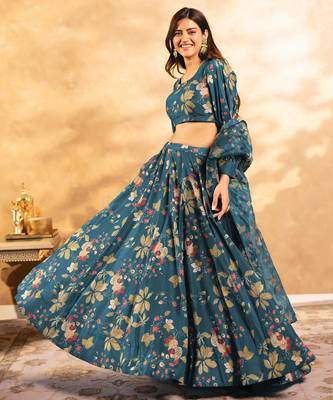Floral Printed Layered Lehenga Set with Crop Top & Dupatta 2