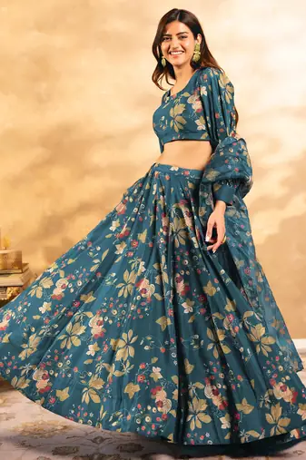 Floral Printed Layered Lehenga Set with Crop Top & Dupatta